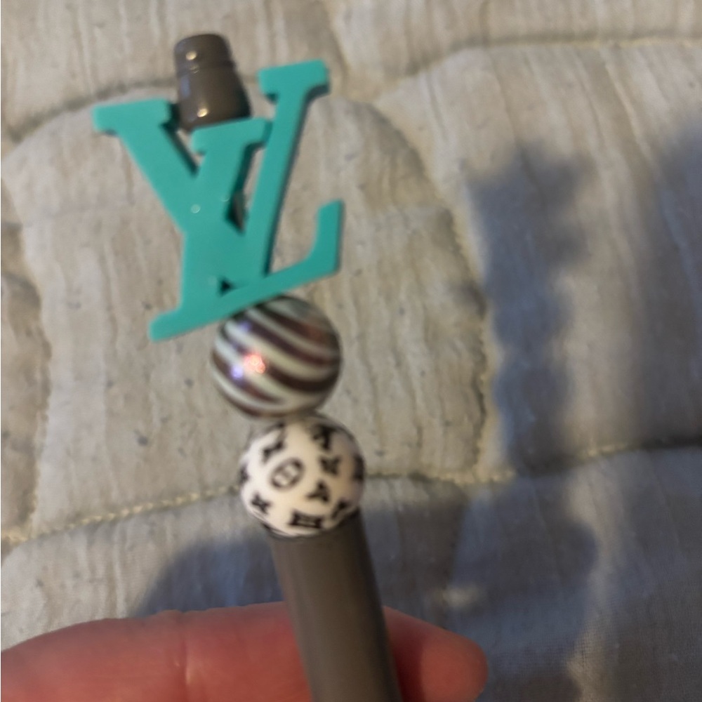 Teal LV Logo Pen with Patterned Beads